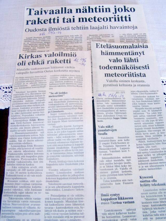 Eteläsuomalaisia hämmentänyt valoilmiö oli iso uutinen lehdissä 26. heinäkuuta 1994.